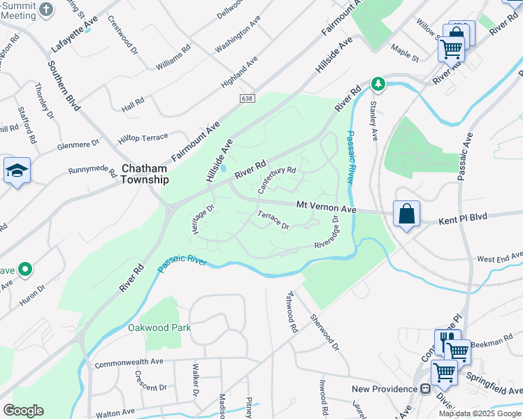 map of restaurants, bars, coffee shops, grocery stores, and more near 1B Terrace Drive in Chatham Township