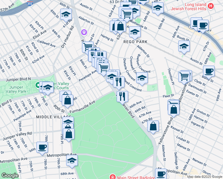 map of restaurants, bars, coffee shops, grocery stores, and more near 84-63 Furmanville Avenue in Queens