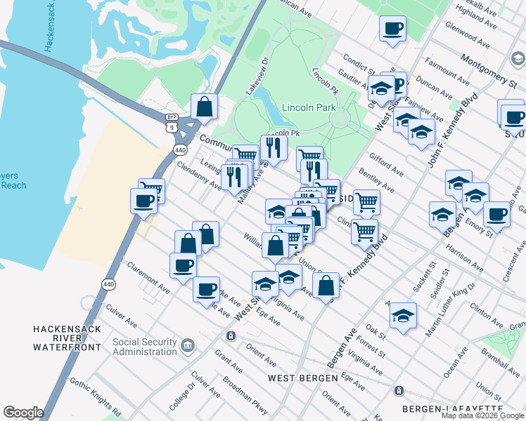 map of restaurants, bars, coffee shops, grocery stores, and more near 189 Lexington Avenue in Jersey City