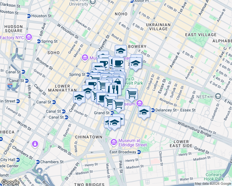 map of restaurants, bars, coffee shops, grocery stores, and more near 10 Delancey Street in New York