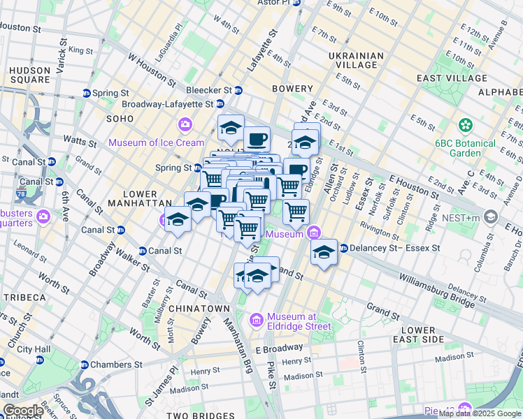 map of restaurants, bars, coffee shops, grocery stores, and more near 5 Rivington Street in New York