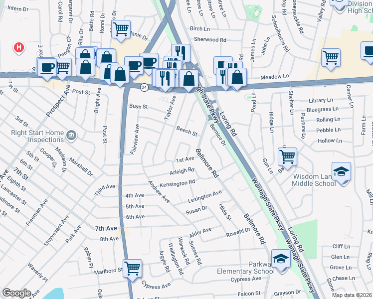 map of restaurants, bars, coffee shops, grocery stores, and more near 159 Earl Place West in East Meadow