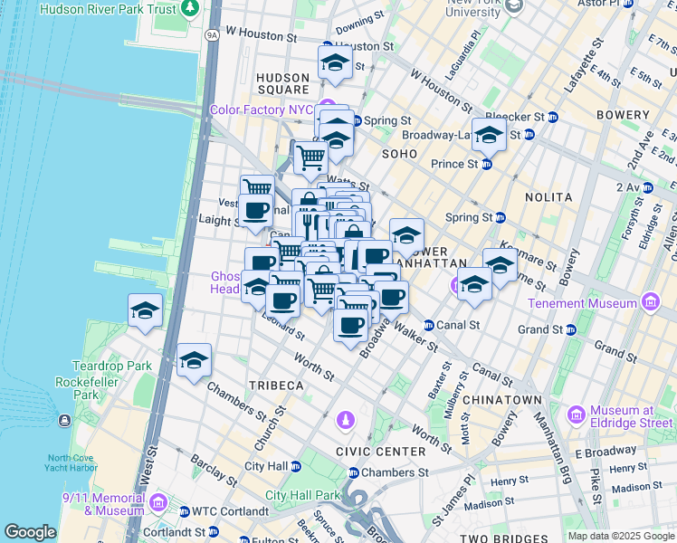 map of restaurants, bars, coffee shops, grocery stores, and more near 47 6th Avenue in New York