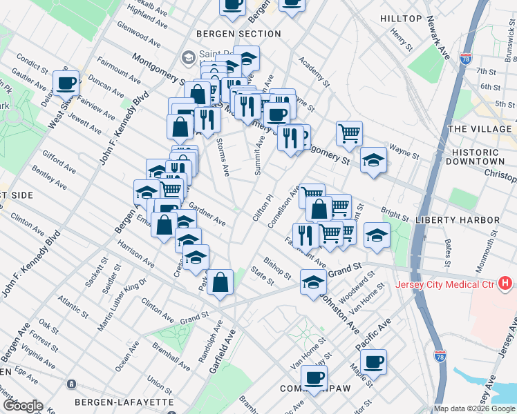 map of restaurants, bars, coffee shops, grocery stores, and more near 75A Clifton Place in Jersey City