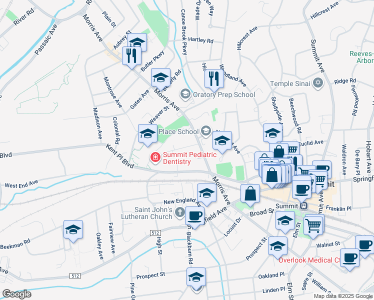 map of restaurants, bars, coffee shops, grocery stores, and more near 14 Edgar Street in Summit
