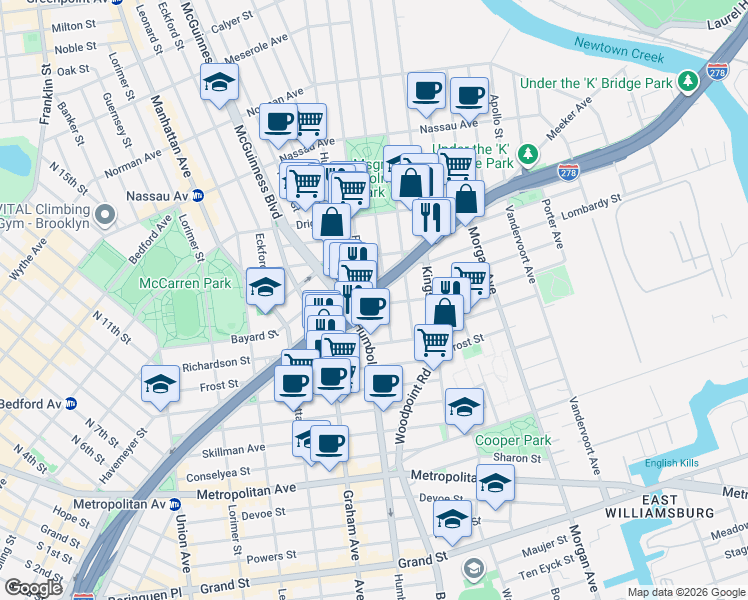 map of restaurants, bars, coffee shops, grocery stores, and more near 71 Herbert Street in Brooklyn