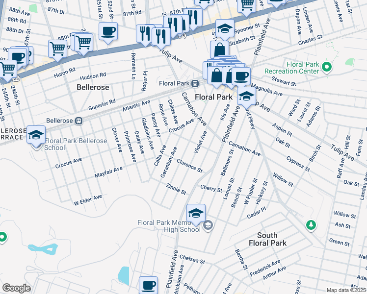 map of restaurants, bars, coffee shops, grocery stores, and more near in Bellerose