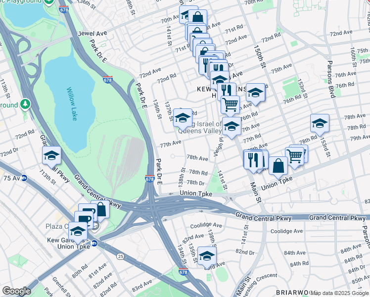 map of restaurants, bars, coffee shops, grocery stores, and more near 135-40 77th Avenue in Queens