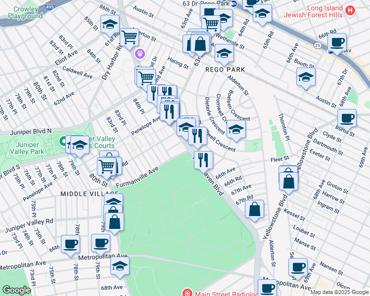 map of restaurants, bars, coffee shops, grocery stores, and more near 84-63 Furmanville Avenue in Queens