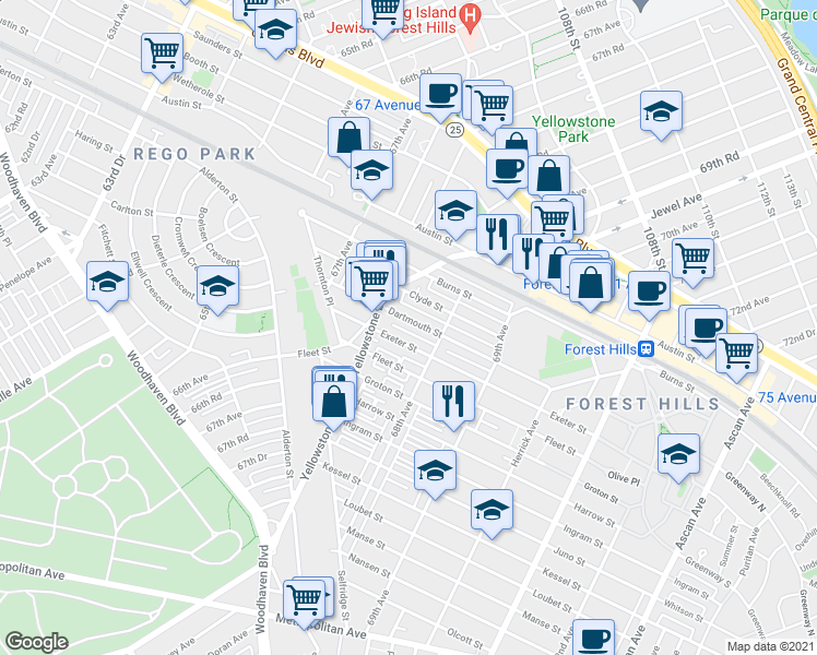 map of restaurants, bars, coffee shops, grocery stores, and more near 67-96 Dartmouth Street in Queens
