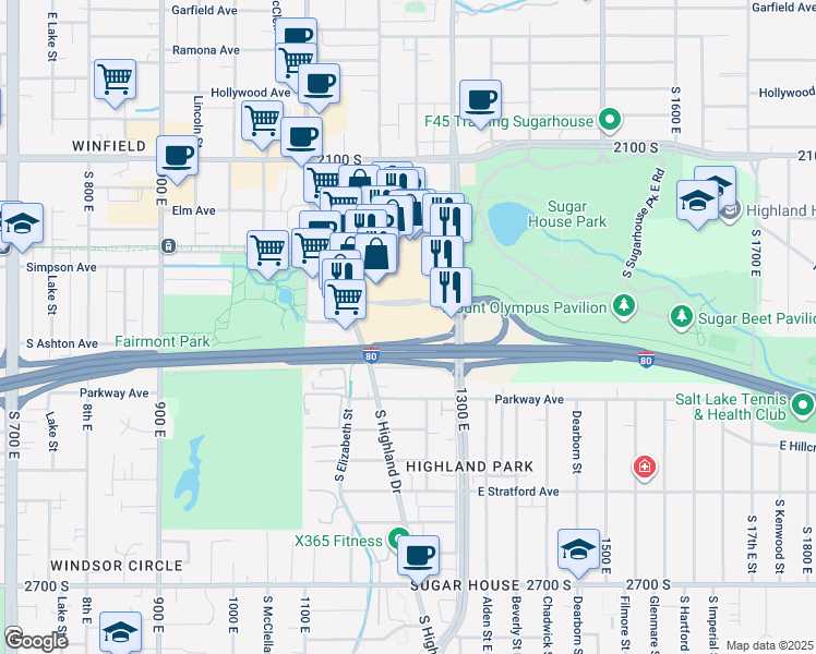 map of restaurants, bars, coffee shops, grocery stores, and more near 2290 S 1300 E in Salt Lake City