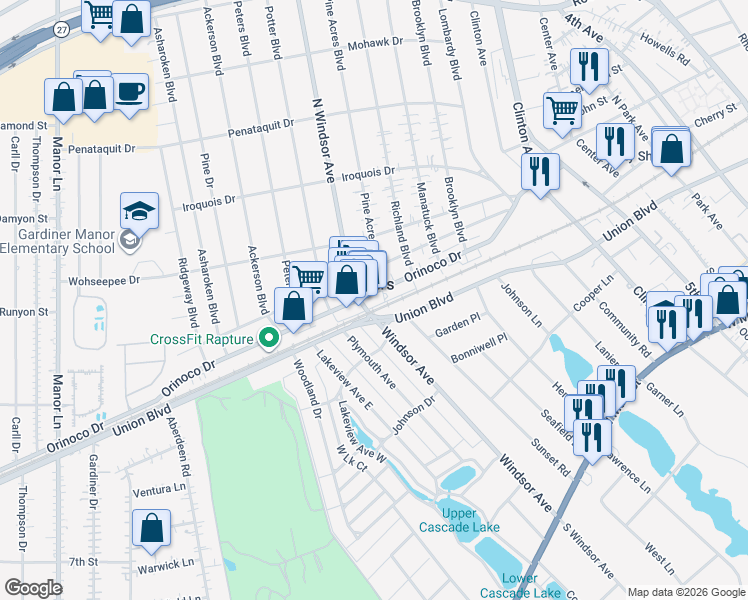 map of restaurants, bars, coffee shops, grocery stores, and more near 175 Orinoco Drive in Brightwaters