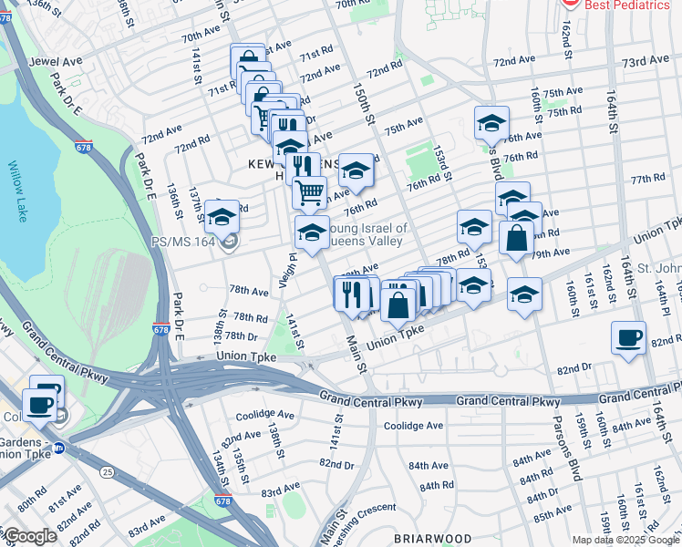 map of restaurants, bars, coffee shops, grocery stores, and more near 144-11 78th Avenue in Queens