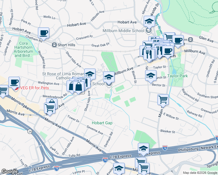 map of restaurants, bars, coffee shops, grocery stores, and more near 462 Millburn Avenue in Essex County