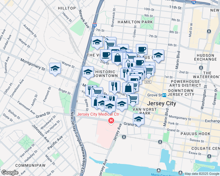 map of restaurants, bars, coffee shops, grocery stores, and more near 329a Monmouth Street in Jersey City