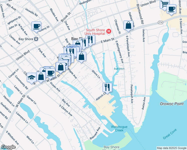 map of restaurants, bars, coffee shops, grocery stores, and more near 46 Shore Lane in Bay Shore