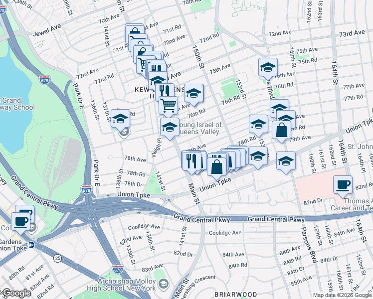 map of restaurants, bars, coffee shops, grocery stores, and more near 144-11 78th Avenue in Queens