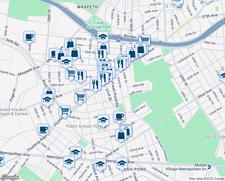 map of restaurants, bars, coffee shops, grocery stores, and more near 58-19 61st Street in Queens