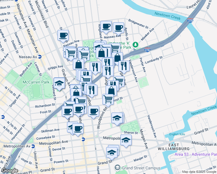 map of restaurants, bars, coffee shops, grocery stores, and more near 117 Kingsland Avenue in Brooklyn
