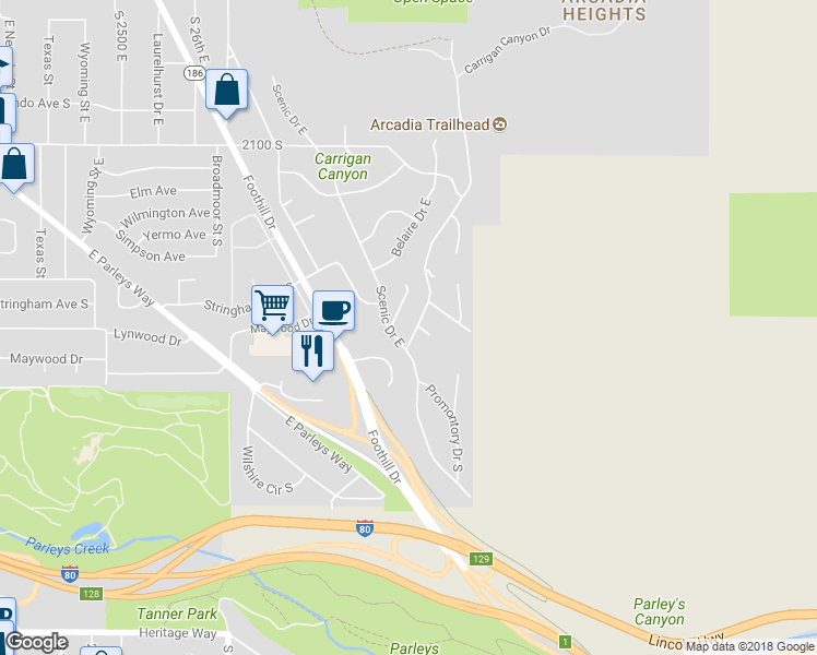 map of restaurants, bars, coffee shops, grocery stores, and more near 2355 Scenic Drive East in Salt Lake City