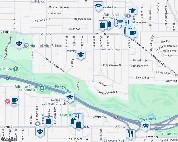 map of restaurants, bars, coffee shops, grocery stores, and more near 2308 South 2100 East in Salt Lake City