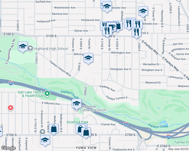 map of restaurants, bars, coffee shops, grocery stores, and more near 2034 Ashton Circle South in Salt Lake City