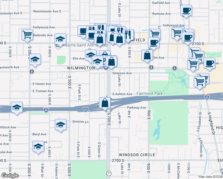 map of restaurants, bars, coffee shops, grocery stores, and more near 2306 South 700 East in Salt Lake City