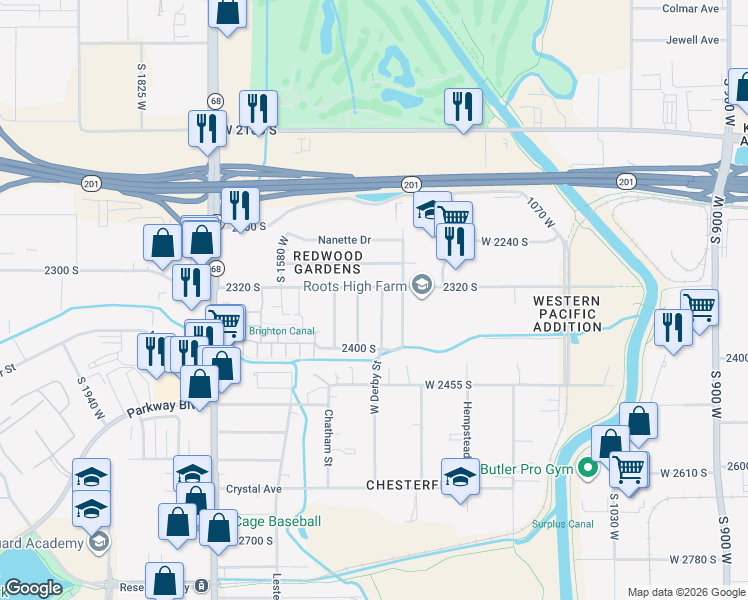 map of restaurants, bars, coffee shops, grocery stores, and more near 2331 West Derby Street in West Valley City