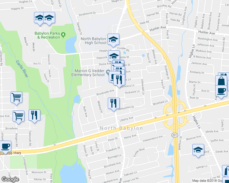 map of restaurants, bars, coffee shops, grocery stores, and more near 756 Deer Park Avenue in North Babylon