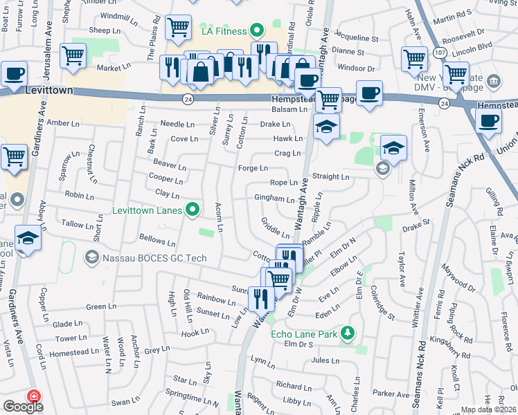 map of restaurants, bars, coffee shops, grocery stores, and more near 4 Griddle Lane in Levittown