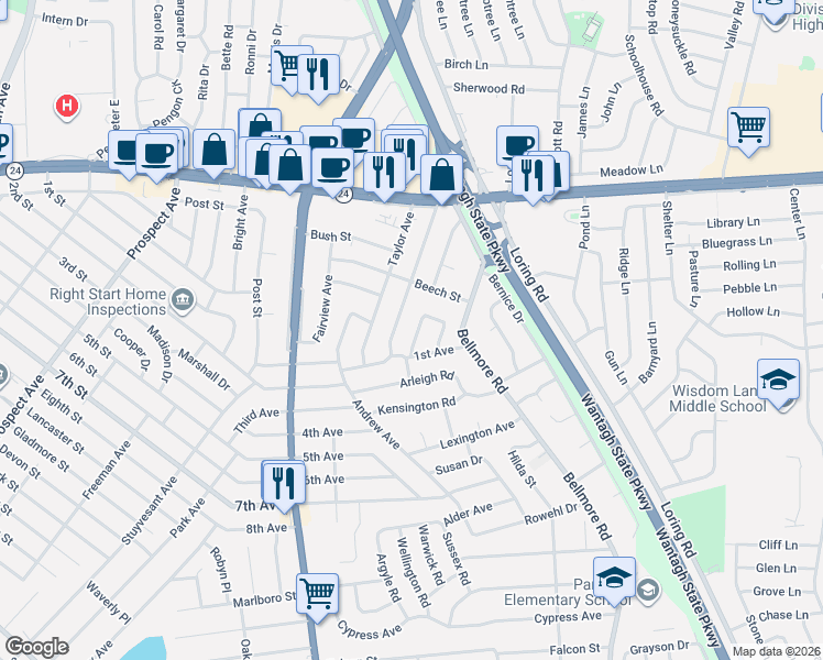 map of restaurants, bars, coffee shops, grocery stores, and more near 133 Diamond Avenue in East Meadow