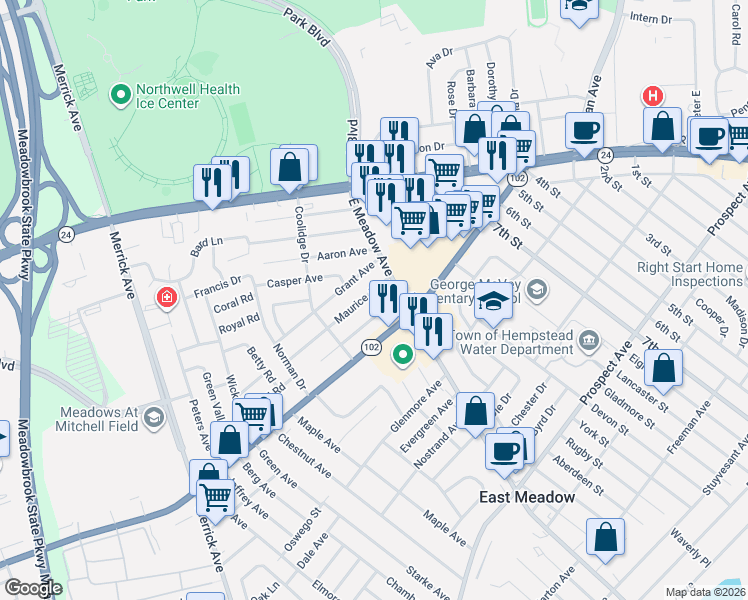 map of restaurants, bars, coffee shops, grocery stores, and more near 1855 Maurice Avenue in East Meadow