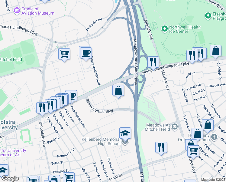 map of restaurants, bars, coffee shops, grocery stores, and more near 215 RXR Plaza in Uniondale