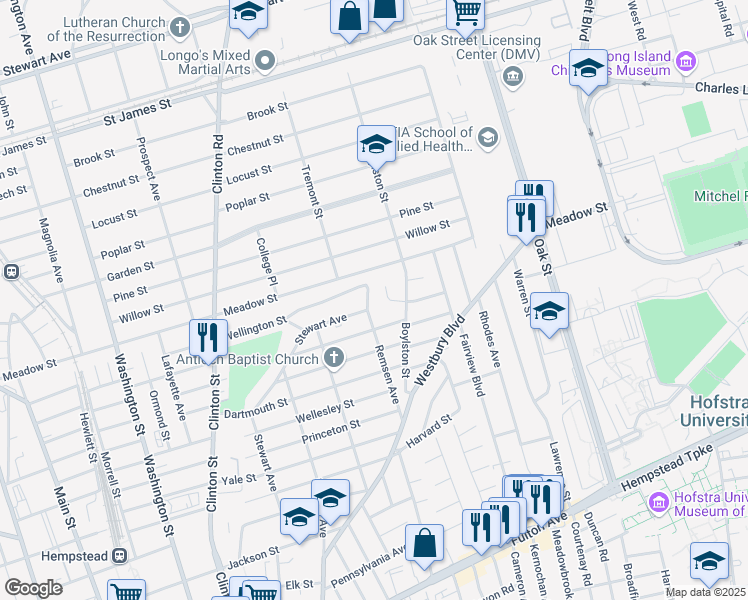 map of restaurants, bars, coffee shops, grocery stores, and more near 114 Remsen Avenue in Hempstead