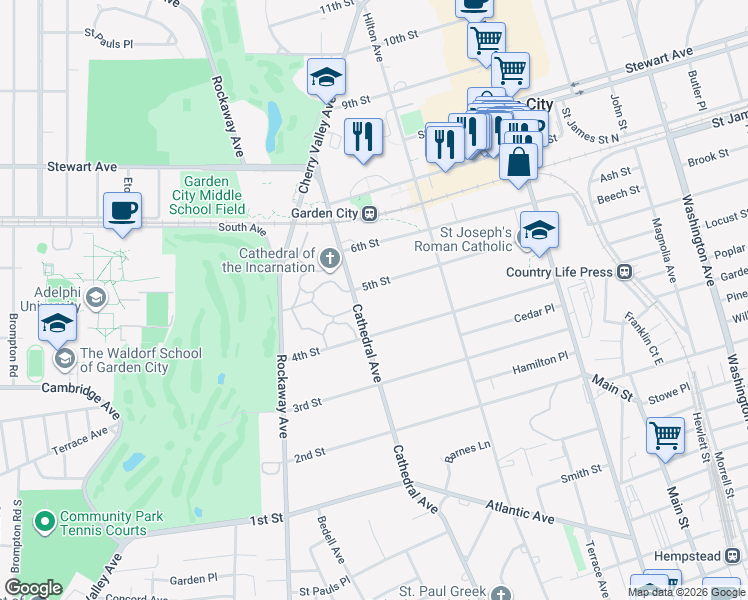 map of restaurants, bars, coffee shops, grocery stores, and more near 86 5th Street in Garden City