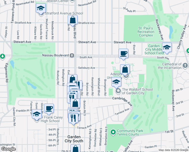 map of restaurants, bars, coffee shops, grocery stores, and more near 37 Kensington Road in Garden City