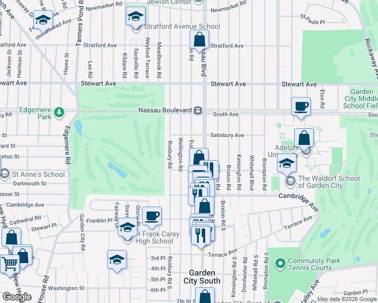map of restaurants, bars, coffee shops, grocery stores, and more near 38 Euston Road in Garden City