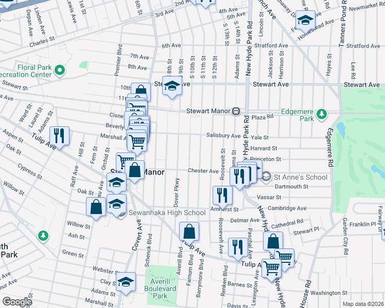 map of restaurants, bars, coffee shops, grocery stores, and more near 87 Elton Road in Stewart Manor