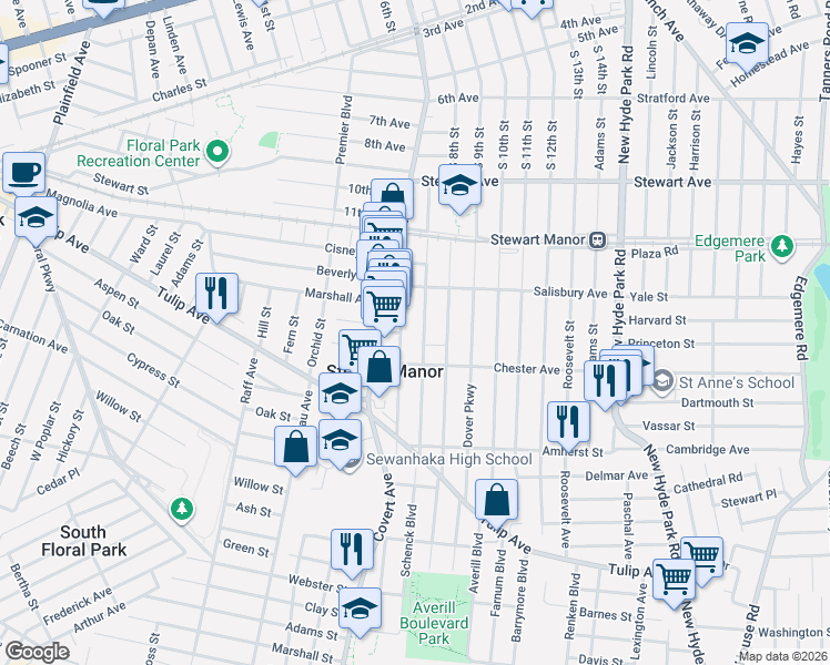 map of restaurants, bars, coffee shops, grocery stores, and more near 92 Argyle Road in Stewart Manor