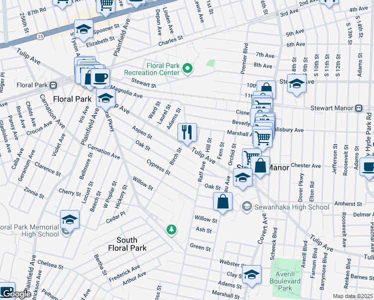 map of restaurants, bars, coffee shops, grocery stores, and more near 374 Tulip Avenue in Floral Park