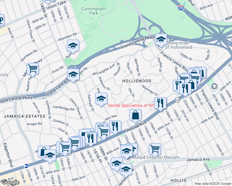 map of restaurants, bars, coffee shops, grocery stores, and more near 193-05 Keno Avenue in Queens