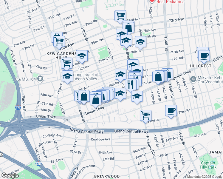 map of restaurants, bars, coffee shops, grocery stores, and more near 150-02 78th Road in Queens