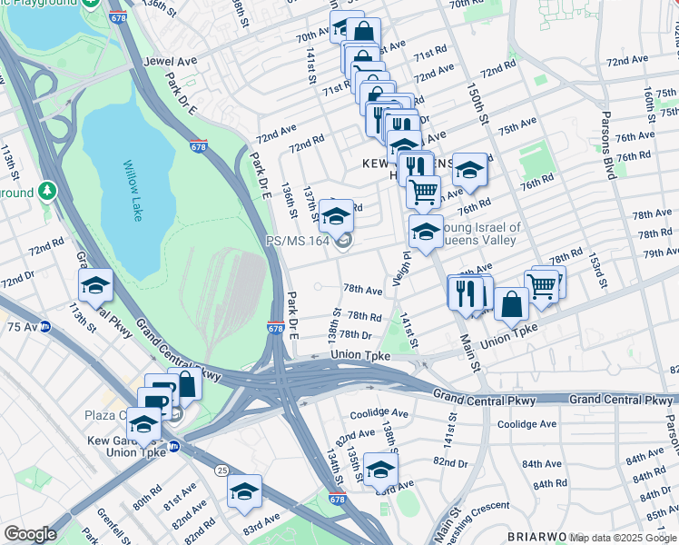 map of restaurants, bars, coffee shops, grocery stores, and more near 135-40 77th Avenue in Queens