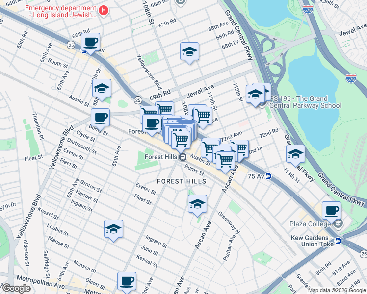 map of restaurants, bars, coffee shops, grocery stores, and more near 10737 71st Avenue in Queens