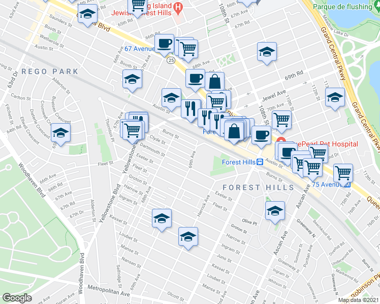 map of restaurants, bars, coffee shops, grocery stores, and more near 68-35 Clyde Street in Queens