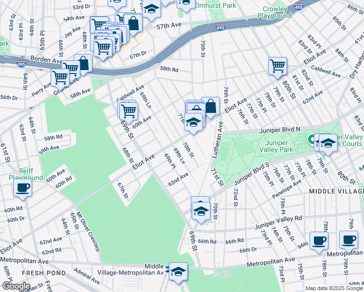 map of restaurants, bars, coffee shops, grocery stores, and more near 69-76 Eliot Avenue in Queens