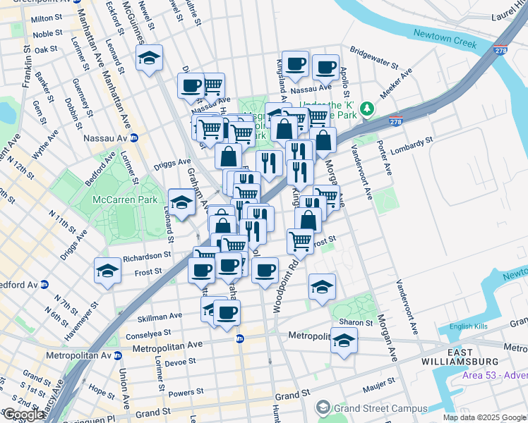 map of restaurants, bars, coffee shops, grocery stores, and more near 71 Herbert Street in Brooklyn