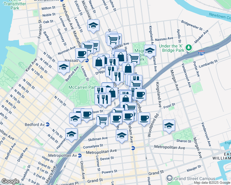 map of restaurants, bars, coffee shops, grocery stores, and more near 132 Newton Street in Brooklyn