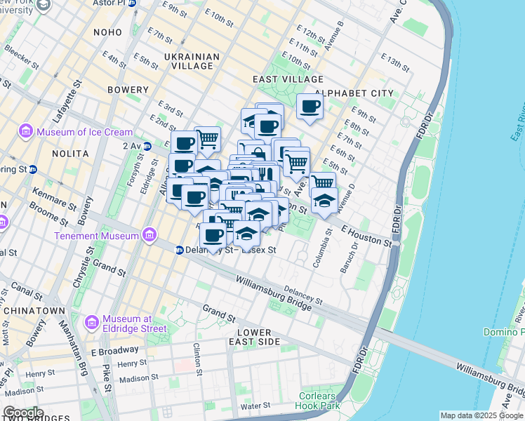 map of restaurants, bars, coffee shops, grocery stores, and more near 162 Attorney Street in New York