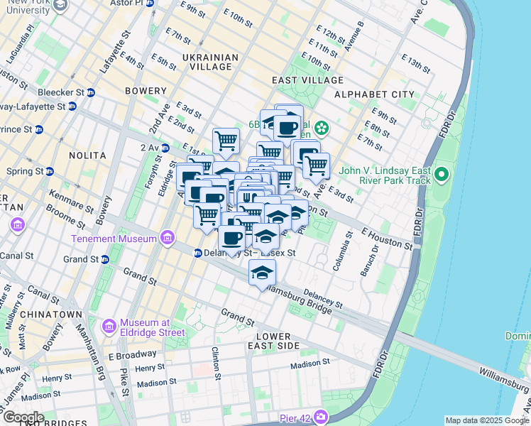 map of restaurants, bars, coffee shops, grocery stores, and more near 25 Clinton Street in New York
